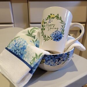 Royal Norfolk - Set of Mug, Bowl, and Kitchen Towel (one each) Happy Spring